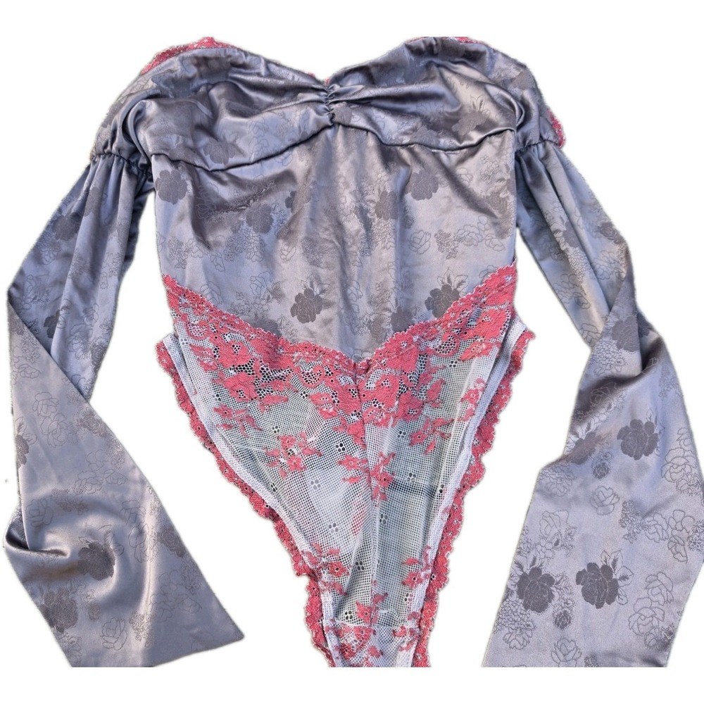 Free People Coctail Hour Bodysuit Lace Floral Bow Tie M Medium Brown Red